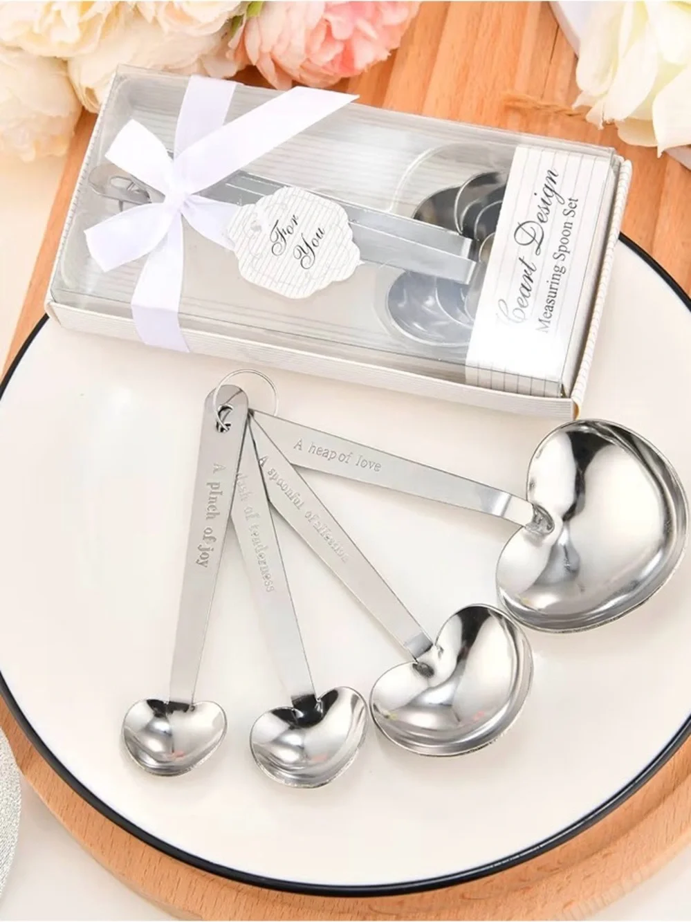 Heart Design Stainless Steel Measuring Spoon Set Gift Box & Ribbon shower gift